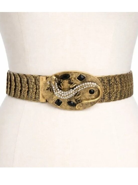 Ornate Gold-Tone Lizard Buckle Filigree Stretch Belt Rhinestone Y2K main image 7